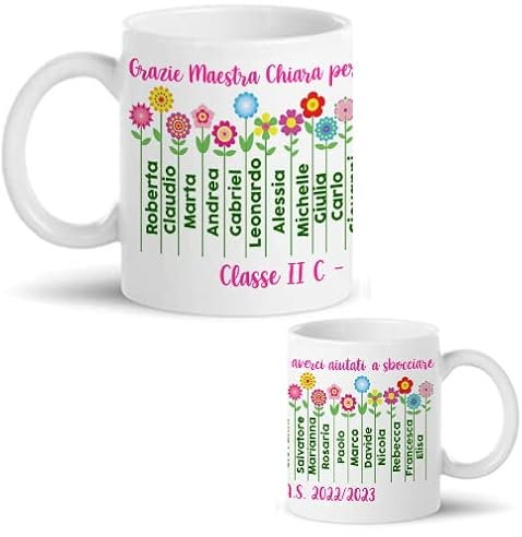Gattablu Tazza mug 11 oz Grazie maestra per averci aiutato a sbocciare, personalizzata con nome, classe, anno scolastico, nomi studenti!