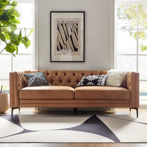 HULALA HOME 84 W Faux Leather Sofa Couch with Metal Legs, Button-Tufted 3-Seater Sofa, Mid Century Modern Upholstered Couch for Living Room, Entertainment Area, Apartment,Camel
