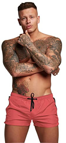 Short de bain pour homme à séchage rapide avec poches zippées, short de bain avec doublure en maille, Rose carmin clair, Small