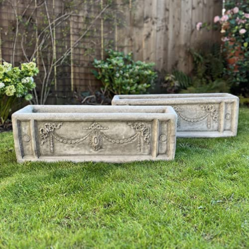 Onefold SET OF 2 LARGE DECORATIVE STONE TROUGH OUTDOOR GARDEN PLANTER PLANT POTS WITH DRAINAGE HOLE