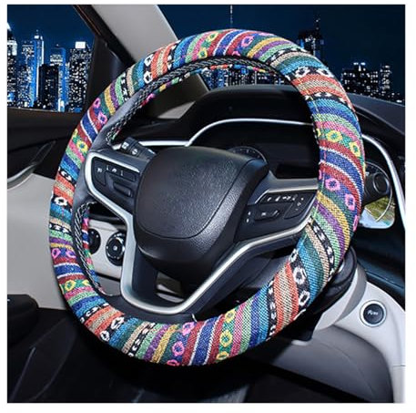 JNNJ Ethnischer Stil Grob Flachs Tuch Auto Lenkradhüllen, Schweiß Absorption Auto Lenkradhülle, Universelle Lenkrad Abdeckung Für Autos, Transporter, Lastwagen(A-Modell)