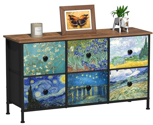 VEDECASA Dresser Bedroom with 6 Fabric Drawers Wide Dressers & Chests of Drawers Van Gogh TV Stand with Wood Top Metal Framed for Girls Boys Bedroom Kids Room Living Room