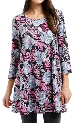 Enmain Tunica Donna Manica Lunga Maglia Taglie Forti Maglietta a Maniche Lunghe 3/4 Bluse Scollo Tondo Motivo Stampata Camicia Top Rosa & Grigio 3XL