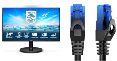PHILIPS 241V8LA- 24 Inch FHD Monitor, 75Hz, 4ms, VA, Speakers LowBlue, Flickerfree & Ethernet cable – 7.5m – Network, patch & internet cable with break-proof design for maximum UK internet speeds