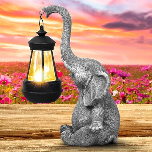 flintronic Elefante Estatua decoración para Jardín, 33.5cm Figuras Decorativas de Jardín luz Solar, Figuras de Jardín de Elefantes, con Farolillo Solar, para Exteriores, Escultura de Resina