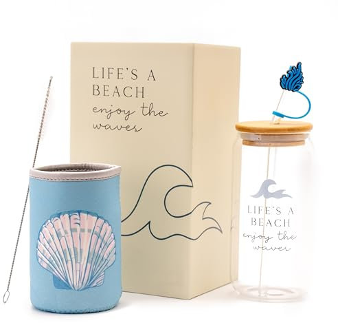 The Love Crate Co. Ocean Gifts for Women - Glass Tumbler with Lid and Straw, Customized Straw Stopper and Cup Sleeve, Aesthetic Unique Design Iced Coffee Gift Cup for Mom, Teacher, Friend