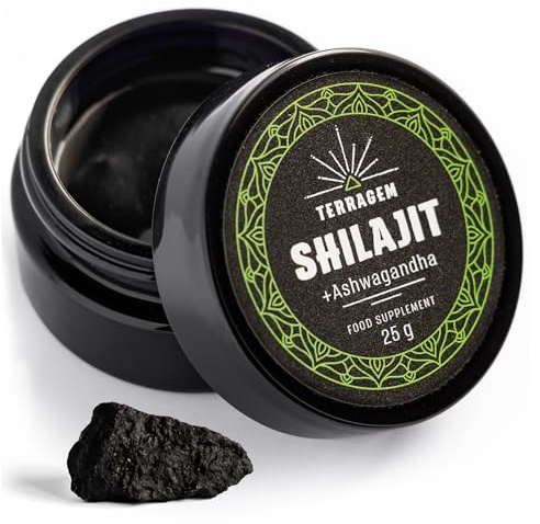 TERRAGEM Shilajit Original Himalaya Mit Ashwagandha Und Magnesium Vegan - 25g Shilajit Harz - Mumijo Mit Mehr Nutrition, Natürlichen Elementen und Vitamin B Komplex