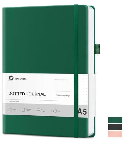 Lonely Oak Notizbuch A5 Dotted Hardcover, Bullet Journal 120g/m²Dickes Premium Säurefreies Papier, 156 Seiten Journal mit Gummiband & Innentasche, 14,5 x 21,3 cm (Grün)