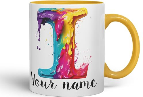 Vixar Personalised Letter I Mug, Alphabet cusomized Custom Letter I Monogram Watercolour Ceramic Coloured Mug Cup for Tea Coffee Hot Brew 330ml 11Oz Gift (G Yellow)