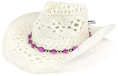 Amlisia Cowboy Hat, Straw Cowboy Hats for Women Men Vintage Western Cowgirl Hat with Shapeable Wide Brim and Beaded Trim Pink
