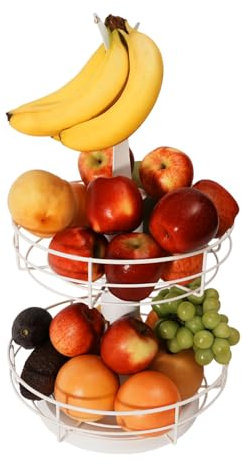 J JACKCUBE DESIGN 2Tier Rotating Fruit Basket for Kitchen Counter Fruit Vegetable Basket with Banana Hook Holder (White) - MK1313B