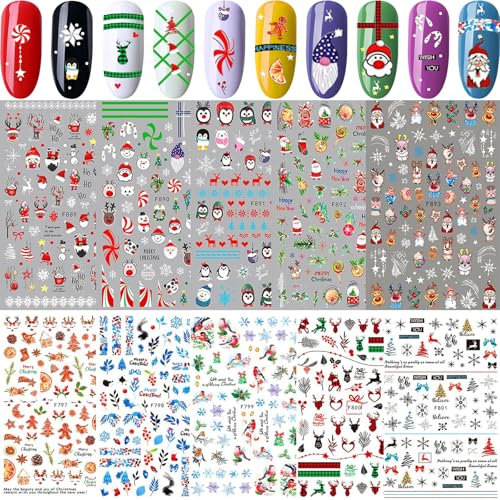Nagelsticker Weihnachten, 10 Blatt Selbstklebende Nagelaufkleber, 3D Nail Art Sticker, Nägel zum Aufkleben für Kinder, Nagel Dekoration für Mädchen, DIY Maniküre Aufkleber