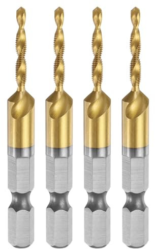 sourcing map 4pcs Combination Drill and Tap Bit, Metric M3 x 0.5 Thread 1/4 Hex Shank, Titanium Coated Threading Screw Taps Spiral Flute Tapping Tool, High Speed Steel (HSS) 4341