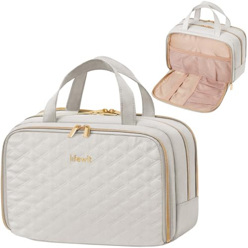 Lifewit Reise Kulturtasche Damen, 10L Groß Wasserabweisende Kulturbeutel mit Nassfach, Tragbare Schminktasche Waschtasche Organizer für Make up, Zubehör, Shampoo, Oilettenartikel, Alltag, Hellgrau