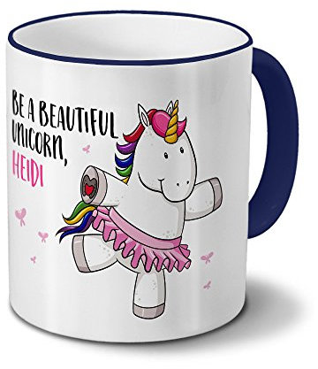 printplanet Tasse mit Namen Heidi - Motiv Witziges Einhorn - Namenstasse, Kaffeebecher, Mug, Becher, Kaffeetasse - Farbe Blau