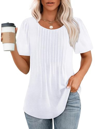 Chicrise Top Damen Sommer Kurzärmelig Rundhalsausschnitt Tunika Lässige Falten Sommerblusen Komfort Mode Weiß X Groß 46-48