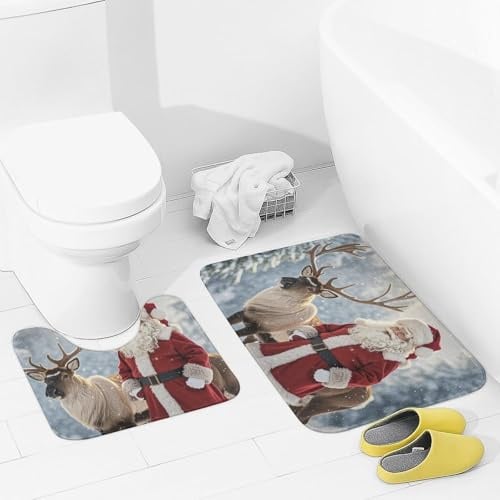 2-teiliges Badezimmerteppich-Set, weich, saugfähig, Badematte für Badezimmer, Badematte und U-förmiger WC-Vorleger, Weihnachtsmann und Hirsch, Elch, Badezimmermatte, Teppich für Badewanne, Bodenmatte