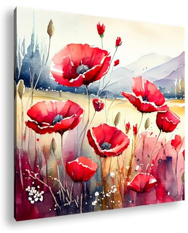 deyoli Aquarell-Mohnblumen tanzen in sanfter Landschaft. Format: 40x40cm XXL Kunstdruck Motiv auf Holzrahmen/Leinwandbild/Wandbild/Wohnzimmer Dekoration