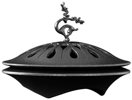 Weihrauchbehälter Retro Weihrauchbrenner Exquisiter Räuchergefäß Räucherstäbchenhalter Räucherschale für Hause Büro Yoga Dekoration, mit Metall Deckel und Feuerfeste Matte (Schwarz)