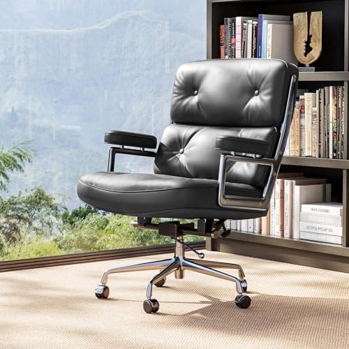 Redriver Genuine Leather Office Chair, Padded Mid Back Home Office Desk Chair with Thickened Lumbar Support Cushion, Aluminum Alloy Frame, 360° Swivel, High-Adjustable, Tilting and Rocking Function