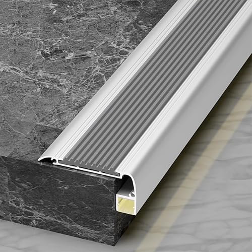Treppenkantenprofil mit LED-Kanal, rutschfeste Treppenkantenleiste mit Gummistreifen, Aluminium Treppenkantenschutz für Betonfliesen, Holz- und Metallstufen, Breite 6 x 2,4 cm(Gray,100cm/39in)