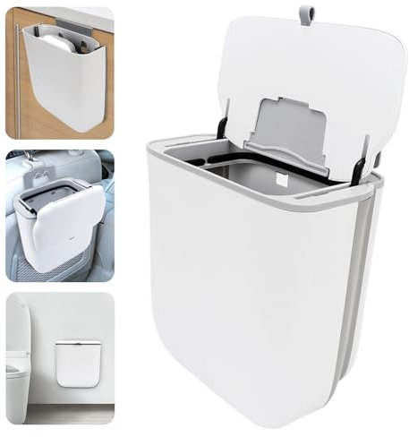 Foldable Hanging Trash Bin with Lid, 10L Food Waste Caddy Rubbish Bin with Wall Mount Kitchen Compost Bin Hanging Trash Can for Under Sink, Cupboard Door, Cabinet, Motorhome, Bedroom, Bathroom