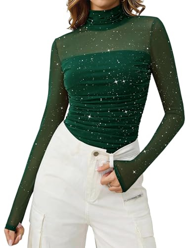 Bridesmay Women's Mesh Long Sleeve Fall Tops Sequin Sparkly Mock Turtle Neck Sheer Shirts Undershirt Party Green M