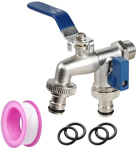 Doppelter Gartenhahn, Doppelauslass-Gartenarmatur mit 1,27 cm Rot/Messing Wasserhahn und 2 x 1,9 cm Kugelhahn, rostbeständiger Outdoor-Wassersplitter für Industrie, Haushalt
