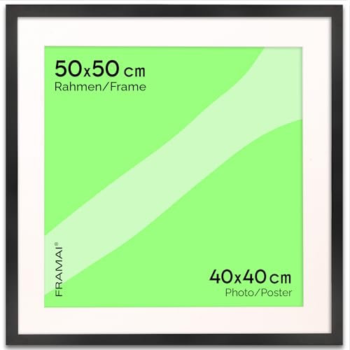 FRAMAI® Bilderrahmen 50x50 cm in Schwarz – mit Passepartout – MDF Holzrahmen, bruchsicheres Plexi, umweltfreundlich, mit Aufhängung & Ständer – Hochformat & Querformat