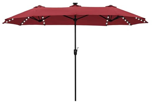 PHI VILLA 3.8×2m Garden Parasol Umbrella for Sun Protection Patio Outdoor Waterproof Umbrella with LED Lights and Crank,Burgundy