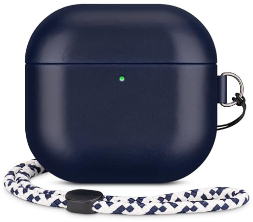 Rixeny Echt Leder Hülle für Apple AirPods 4 2024 Schutzhülle, Blau | Elegant-Stil Echt LederHülle case, mit Handschlaufe, Dunkelt mit Patina, Kompatibel mit MagSafe, Einfach tragbar