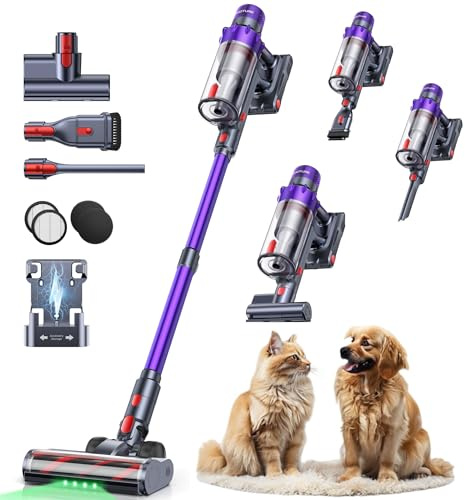 55KPA/650W/70Min(ECO) VAC02 Mejorada Aspiradora sin Cable, Aspiradora Vertical con Cepillo para Colchón, Modo Automático, Cepillo Anti-Enredo, Luz Verde, Fragancia, Carga Mural para Suelos y Alfombras