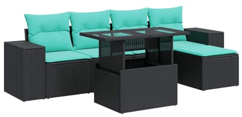 vidaXL 6 Piece Garden Sofa Set with Cushions Black Poly Rattan Acacia, outdoor sofa set, garden lounge set, poly rattan sofa set, patio sofa set