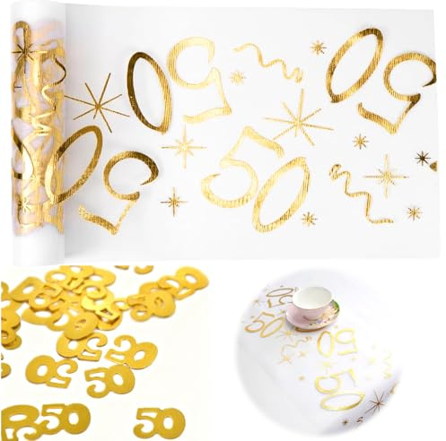 Solivive Tischläufer 50. Geburtstag Deko, 28cm x 10m, Gold, Polyester, Unisex, Zuschneidbar, Geeignet für Geburtstagsfeierdekorationen und Geschenkboxdekorationen