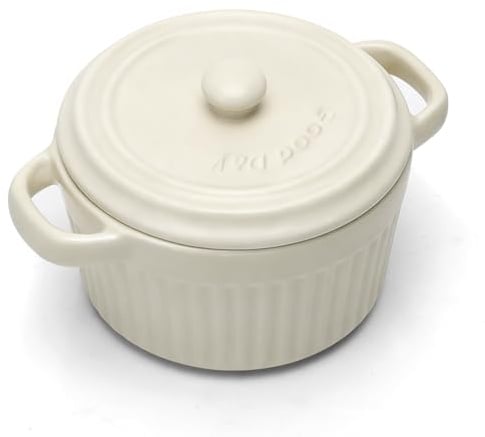 Mini Cocotte mit Deckel, Auflaufform Keramik mit Griffen & Deckel, Runde Auflaufförmchen mit Deckel für Lasagne, Soufflé, Creme Brûlée, Dessert, Für Mikrowelle & Backofen (Weiß, L-1pc)