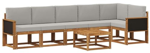 vidaXL Outdoor-Sofagarnitur 7 pcs Natürlich und Hellgrau Polyester, Modernes Garten-Sofa Set, wetterfestes Möbel, Sektional für die Terrasse, Akazienholz, Entspannung im Freien