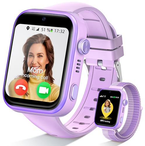 SWGOTA Reloj Inteligente Niño Posicionamiento Múltiple GPS Mejorado Púrpura | 4G Videollamada, GPS, Chat de Voz, Modo Escuela, WiFi, SMS, SOS, Podómetro, 5 Modos Deportivos, IP68 Impermeable, Regalo