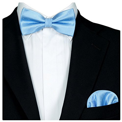 GASSANI 2Tlg Fliegenset, Festliche Hell-Blaue Herren-Fliege Silber Gepunktet, Hochzeitsfliege Anzug-Schleife Vor-Gebunden Ein-Stecktuch Vorgefaltet
