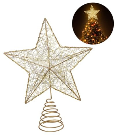 NICEXMAS - Puntale per albero di Natale, a forma di stella, con luci LED, funzionamento a batteria, oro
