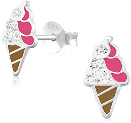 Laimons Mädchen Kids Kinder-Ohrstecker Ohrringe Kinderschmuck Waffel-Eis Softeis Eis Süß Rosa, Pink, Weiß, Braun glitzer aus Sterling Silber 925