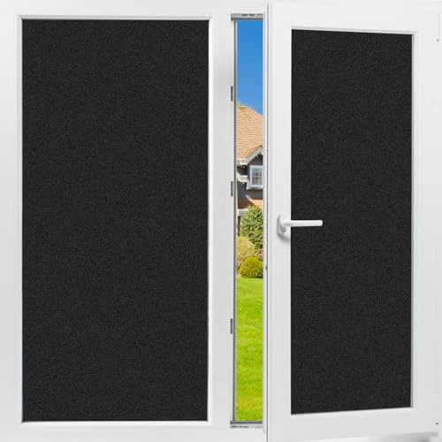 Total Blackout Window Privacy Film Day and Night 100% Light Blocking Static Cling Room Darkening Window Tint Black Door Stickers for Home Office, No Glue Anti-UV (Frosted-Black, 35.4 Inch x 7.8 Feet)
