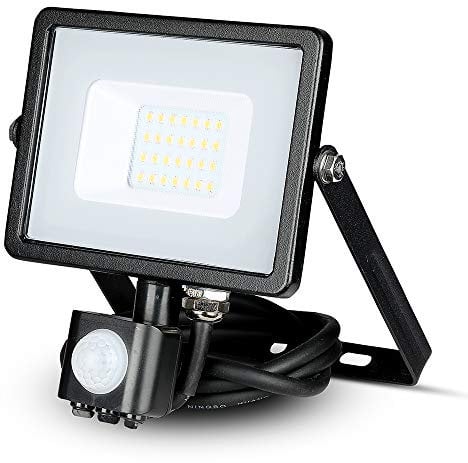 V-TAC VT-20-S-W, Faro LED Chip Samsung 20W con Sensore di Movimento e Crepuscolare e Interruttore Manuale di Bloccaggio Colore Nero 6400K IP65