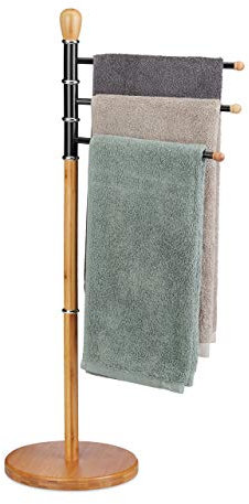Relaxdays Handtuchhalter stehend, verstellbar, ohne Bohren, 3 Handtuchstangen,Bambus Metall, HBT: 94 x 48x 48 cm, natur