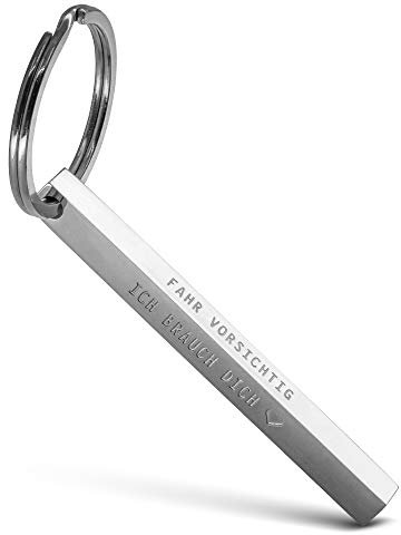 FABACH Porte-clés Cuboid « Fahr vorsichtig ich braucht dich - Quader Auto Schlüsselanhänger aus Edelstahl - Stäbchen Anhänger mit tiefer filigraner Gravur Fahr vorsichtig, argenté, 1