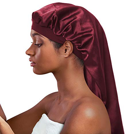 Alnorm Silk Satin Bonnet Sleep Cap Extra Long Double-Layered Hair Wrap for Braids Locs Curls Hair Wine Red