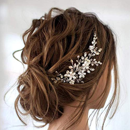 Edary Blume Haarschmuck Hochzeit Silber Kristall Haarkämme Braut Seitenkamm Haarteil für Frauen und Mädchen