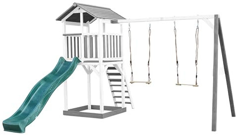 AXI Beach Tower Spielturm aus Holz in Weiß & Grau | Spielhaus für Kinder mit grüner Rutsche, Doppelschaukel und Sandkasten | Stelzenhaus für den Garten