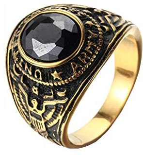 OAKKY Herren Edelstahl Weinlese Amerikanische Soldaten Eagle Set mit Edelstein Ring Schwarz Gold Überzogen Größe 70 (22.3)