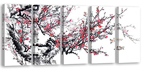 Feeby Wandbild XXL 5-teilig 150x60 cm Kirschblüte Japanischer Garten Zweig Natur Leinwandbild Wandbild Kunst Bilder Schlafzimmer Orient Zen Spa Asien Rosa