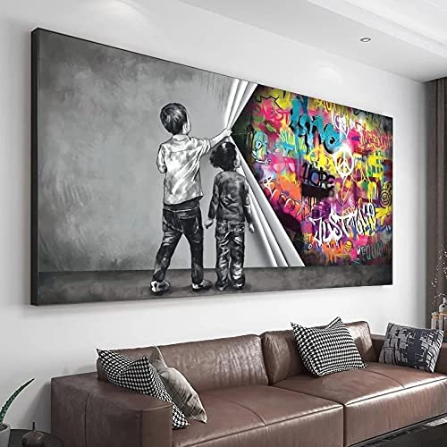 LINKGIN Home Hoom Dekor Bereit zum Aufhängen Graffiti Kind Wandmalereien Banksy Wandkunst Leinwand Poster Junge hinter dem Vorhang Bilder 60x120cm Innenrahmen